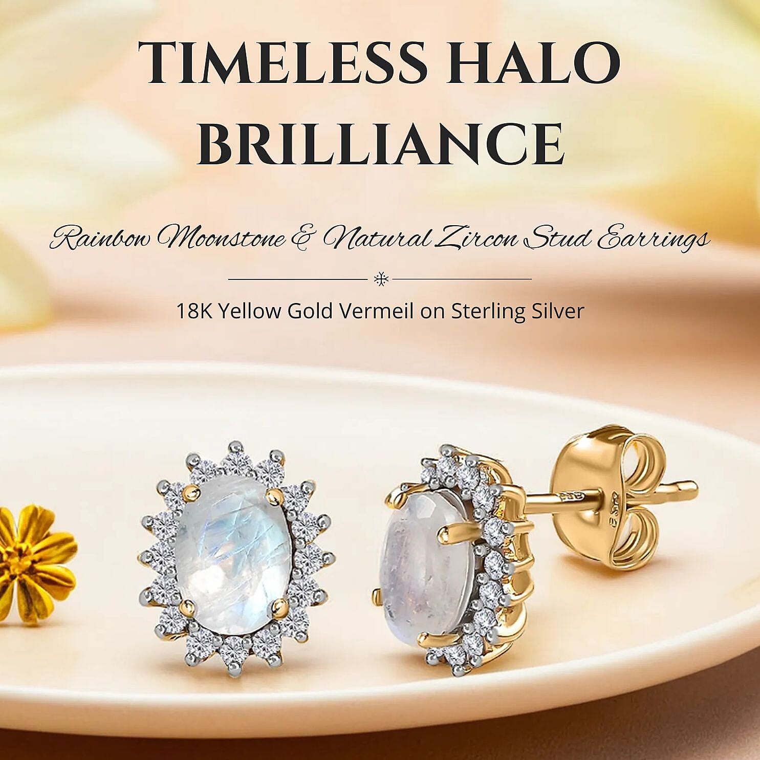 Rainbow Moonstone and Natural Zircon Stud Earrings in 18K Vermeil Yellow Gold Plated Sterling Silver 2.40 Ct.